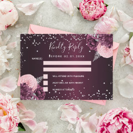 Cartão De Notas Burgundy prata floral de casamento com relva RSVP