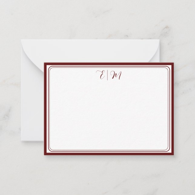Cartão De Notas Burgundy three Border Monogram Note Card (Frente)