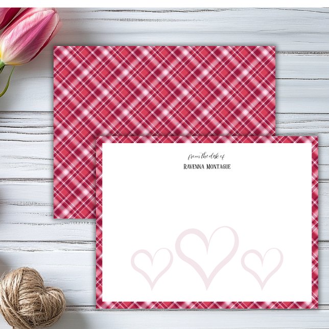 Cartão De Notas Burgundy Translucent Hearts Retro Tartan Note Card (Criador carregado)