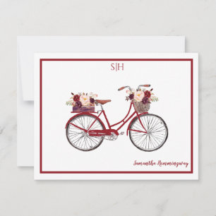 Cartão De Notas Burgundy Watercolor Floral Bicycle Monographic Nam
