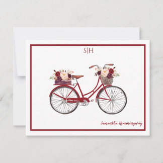 Cartão De Notas Burgundy Watercolor Floral Bicycle Monographic Nam