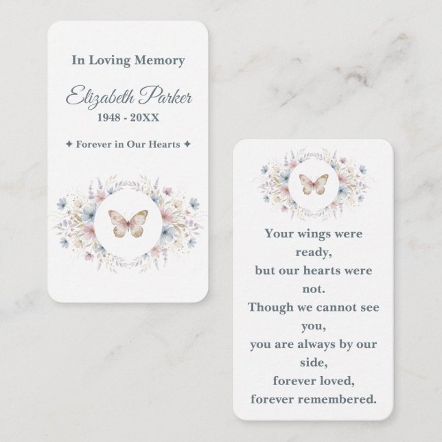 Cartão De Notas Butterfly Floral Memorial Prayer Card Template (Frente/Verso)
