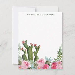 Cartão De Notas Cacto de Aquarela e Flores Rosa Personalizadas