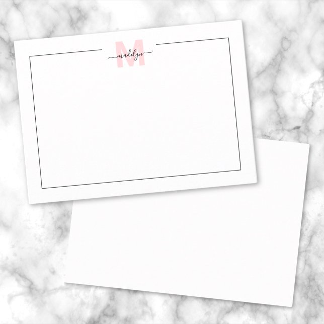 Cartão De Notas Caligrafia rosa Nome Girly Monograma (Pink Calligraphy Name Girly Monogram Note Card )