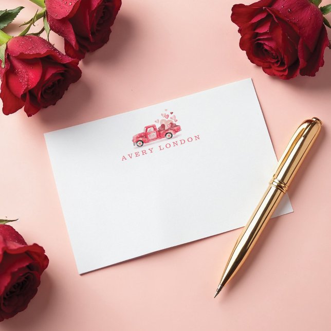 Cartão De Notas Caminhão de Cores Vermelhos de Entrega Especial do (Valentine's Special Delivery Red Watercolor Truck Note Card)