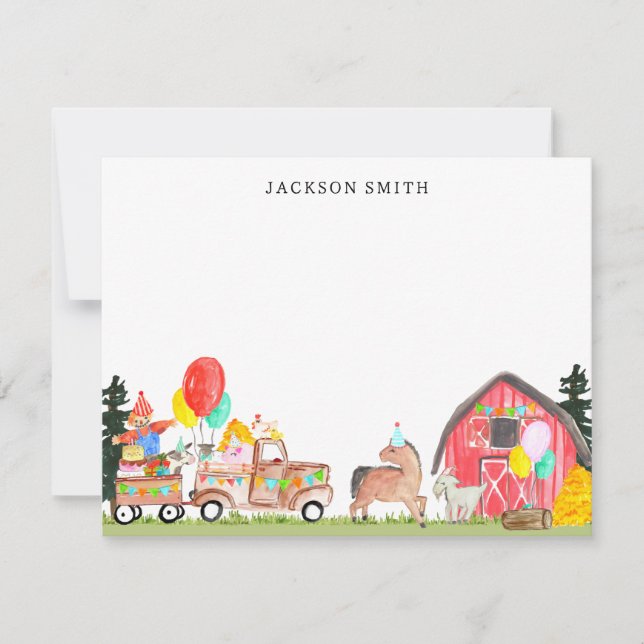 Cartão De Notas Caminhão de festa de aniversário de animais da faz (Frente)
