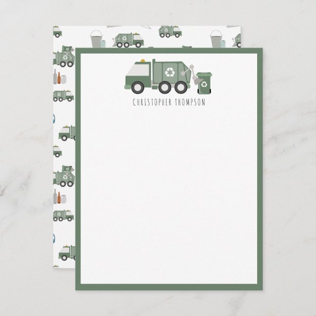 Cartão De Notas Caminhões de reciclagem verde fofos nomes de veícu (Frente/Verso)