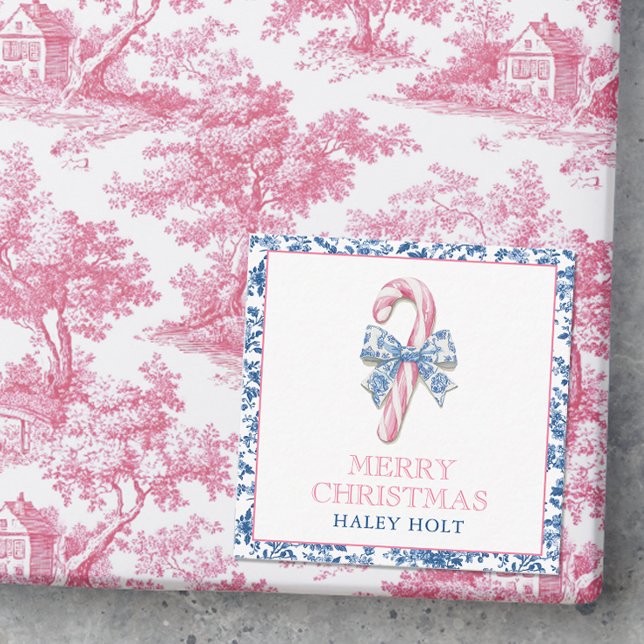 Cartão De Notas Canas de Natal Azul e Chinoiserie Rosa (Photo of a pink and blue chinoiserie christmas gift with a gift enclosure card.)