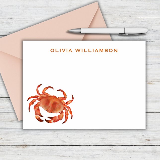 Cartão De Notas Caranguejos à beira-mar Personalizados (Brown crab crustacean personalized notecard and matching coastal chic stationery with beach vibe.)