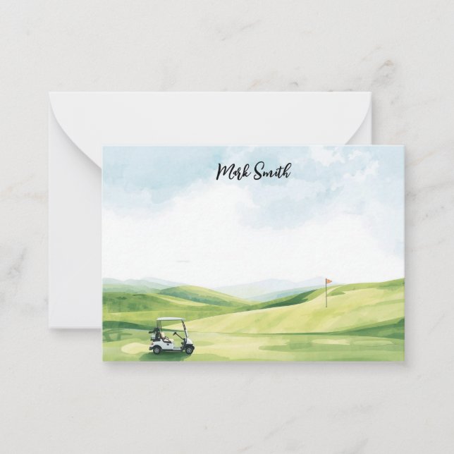 Cartão De Notas Carrinho de golfe no curso com nome para golfista (Frente)