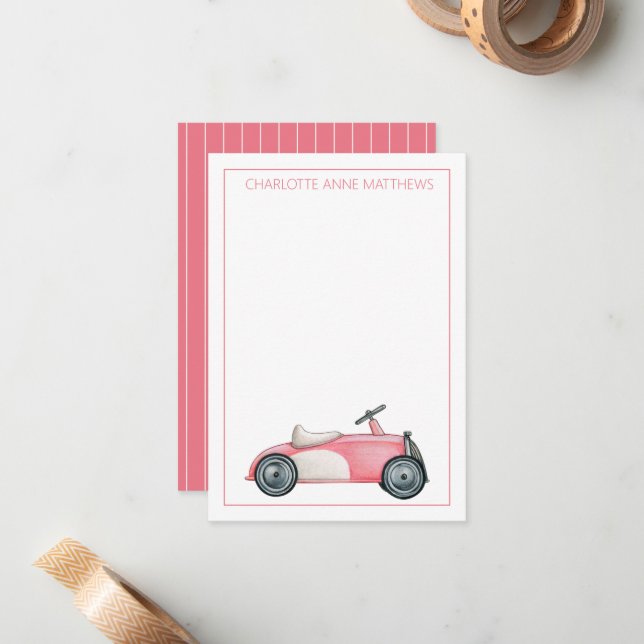 Cartão De Notas Carro de Brinquedos, Rosa e Branco, Personalizado (Frente/Verso In Situ)