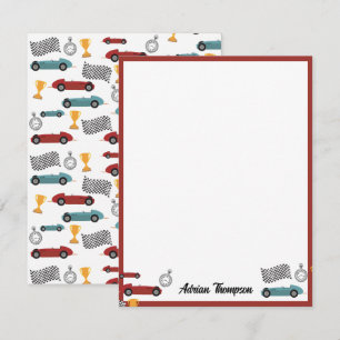 Cartão De Notas Carros de Corrida Retro Vintage Vermelhos e Azuis