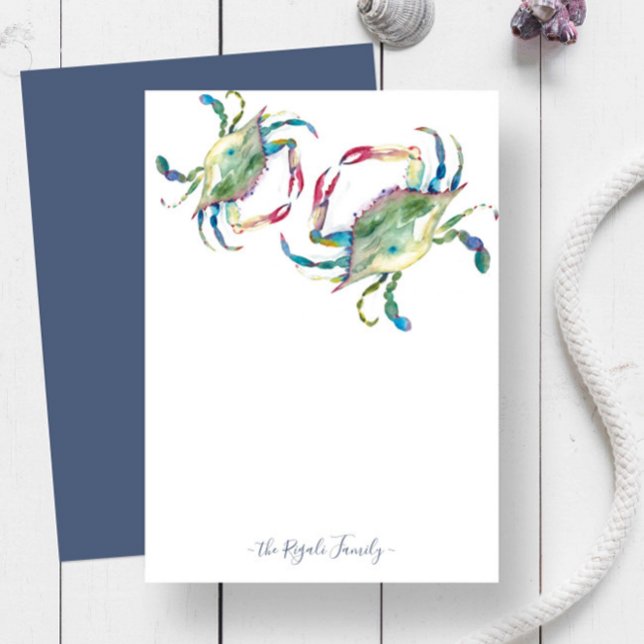 Cartão De Notas Carta Personalizada de Caranguejo Azul-Cria (Personalized stationery watercolor blue crab art by Victoria Grigaliunas of Do Tell A Belle)