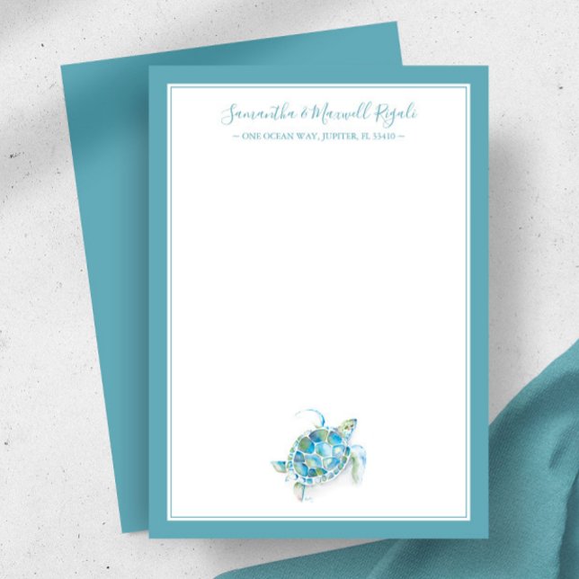 Cartão De Notas Carta Personalizada de Tartaruga Marítima para Mul (Personalized stationery for women watercolor sea turtle art by Victoria Grigaliunas Do Tell A Belle)