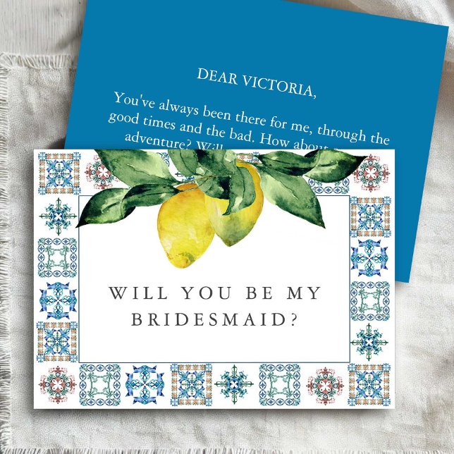 Cartão De Notas Cartas de Proposta Personalizadas de Bridesmaid Li (Bridesmaid proposal cards amalfi theme watercolor art by Victoria Grigaliunas)
