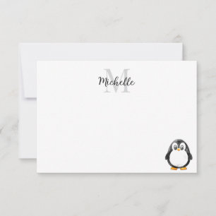 Cartão De Notas Cartoon de Pinguim Fofo com Monograma Personalizad