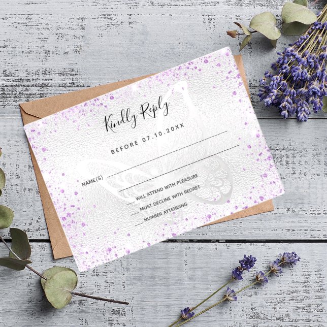 Cartão De Notas Casamento com borboleta violeta prateada RSVP (Criador carregado)
