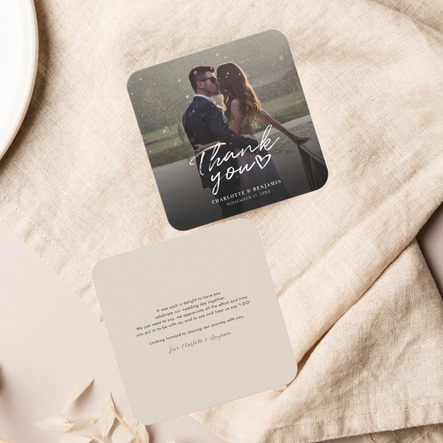 Cartão De Notas Casamento com Script de Foto com Letra Mão Obrigad (Couples Photo Wedding Thank You Mini Rounnded Corner Card)