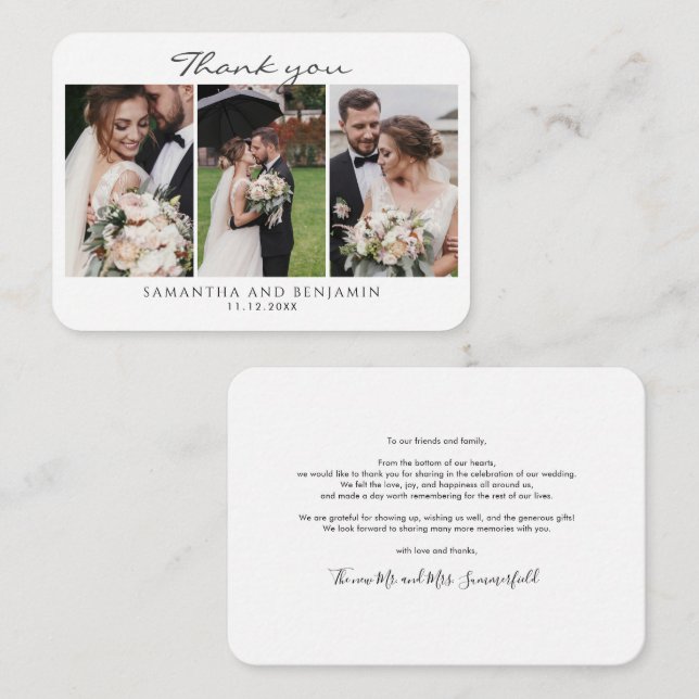 Cartão De Notas Casamento de 3 Fotos do Newlyweds Obrigado (Frente/Verso)