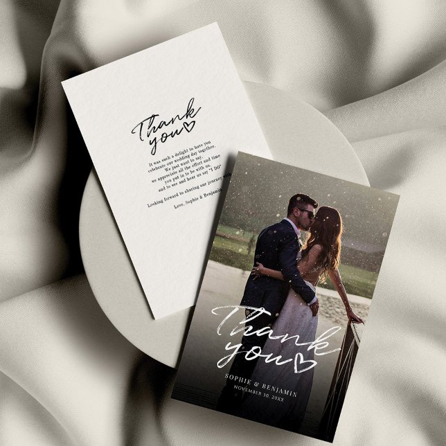 Cartão De Notas Casamento de Fotos Manuscrito Elegante Obrigado (Wedding Photo Script Handlettered Thank You Card)