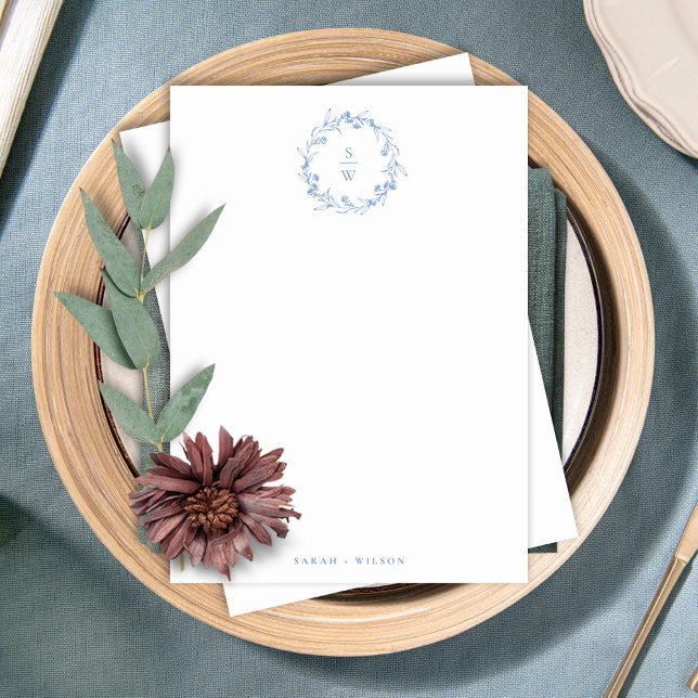 Cartão De Notas Casamento de Laurel Wreath Monogramas Azul Elegant (Criador carregado)