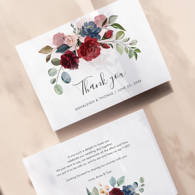 Cartão De Notas Casamento De Script Floral Burgundy Elegante Obrig (Criador carregado)