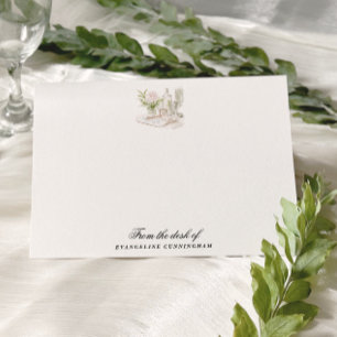 Cartão De Notas Casamento Elegante com Jardim de Mansão em Aquarel