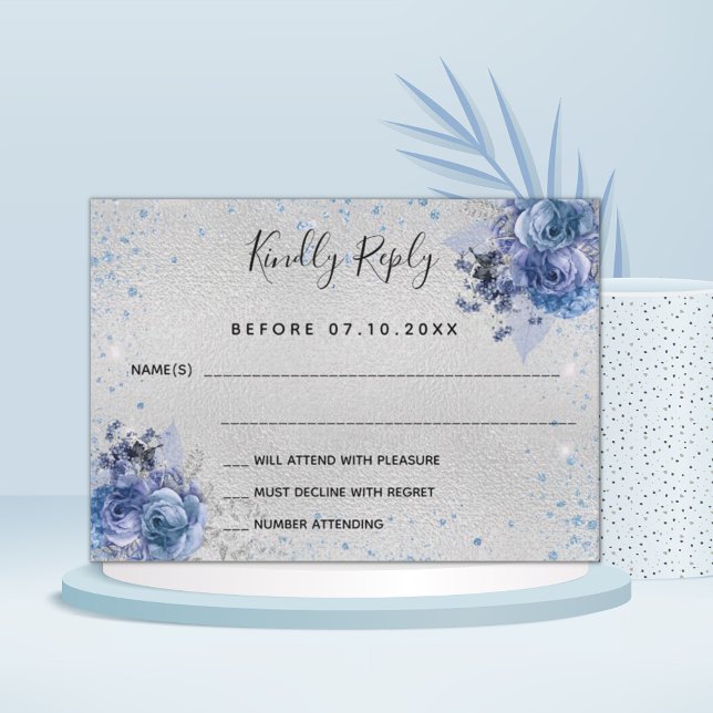 Cartão De Notas Casamento floral com brilho azul-prata RSVP (Criador carregado)