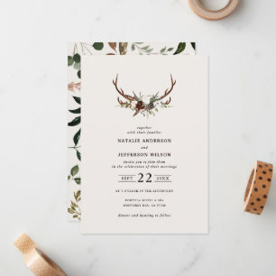 Cartão De Notas Casamento Floral de Chifre Rústico Boho Floresta C