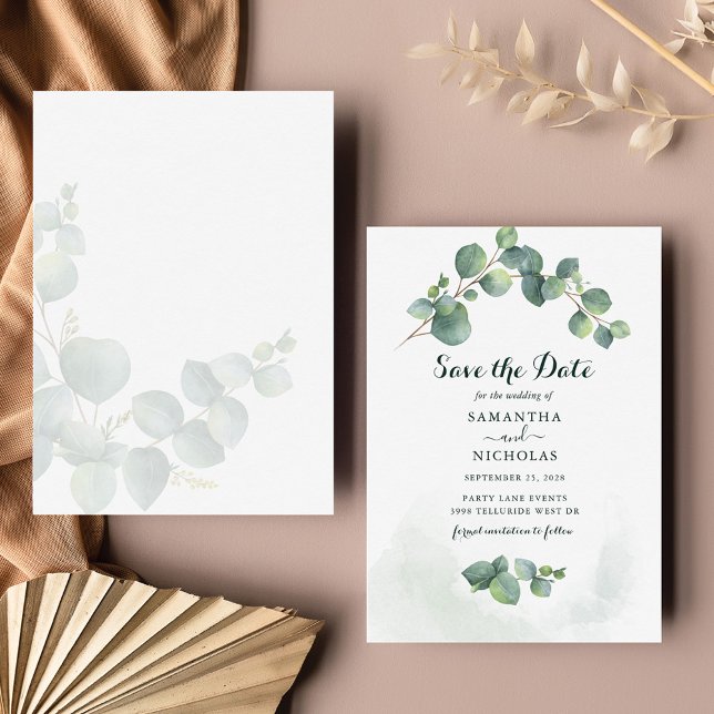 Cartão De Notas Casamento Floral Eucalyptus Salvar A Data (Eucalyptus Foliage Script  Wedding Save the Date Card)