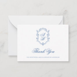 Cartão De Notas Casamento Formal Clássico com Floral Azul e Brasão