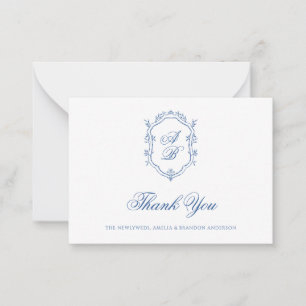 Cartão De Notas Casamento Formal Clássico com Floral Azul e Brasão