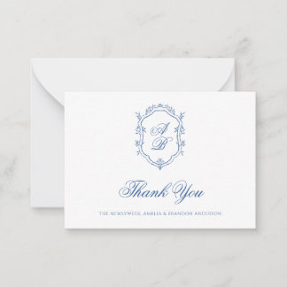 Cartão De Notas Casamento Formal Clássico com Floral Azul e Brasão