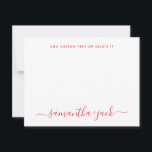 Cartão De Notas Casamento Moderno Estilo Script Elegante Minimalis<br><div class="desc">Cartão de Nota de Casamento Moderno Estilo Script Elegante Minimalista em typo vermelho e branco com nomes de família do casal em caligrafia manuscrita e texto personalizado em fonte sans serif clássica padrão. Perfeito para rspv e convites de casamento.</div>
