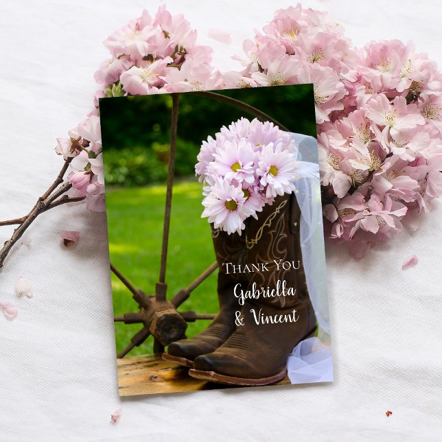 Cartão De Notas Casamento Rustic Pink Daisies Cowboy Boots Obrigad (Criador carregado)