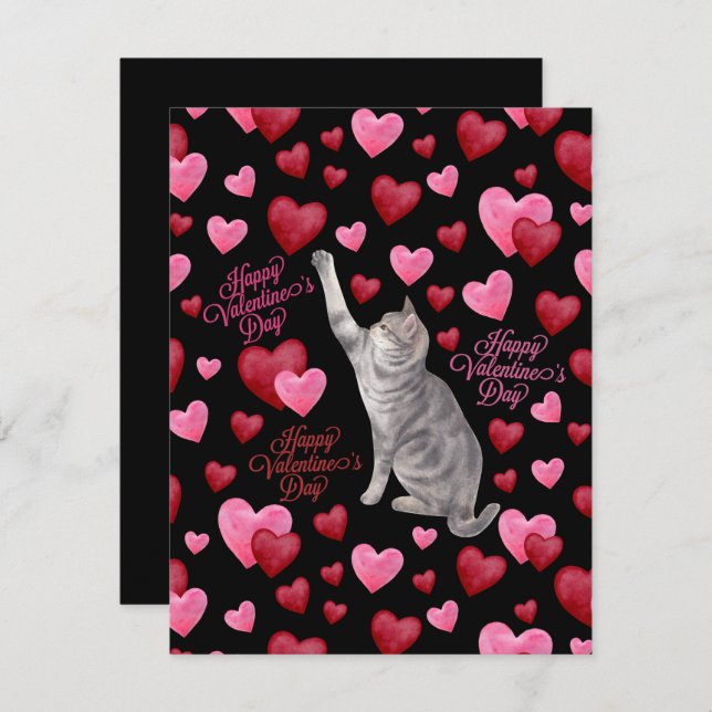 Cartão De Notas Cat Hearts Valentine’s Day Card in Black (Frente/Verso)