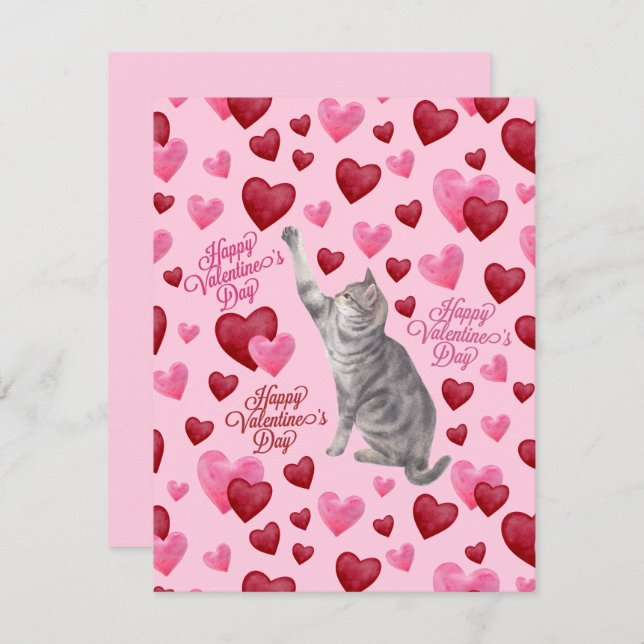 Cartão De Notas Cat Hearts Valentine’s Day Card in Pink (Frente/Verso)