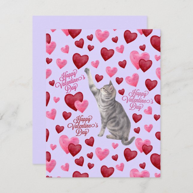 Cartão De Notas Cat Hearts Valentine’s Day Card in Purple (Frente/Verso)