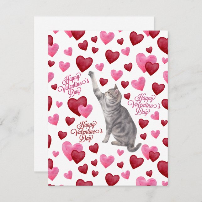 Cartão De Notas Cat Hearts Valentine’s Day Card in White (Frente/Verso)