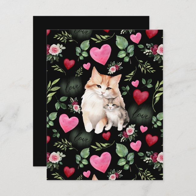 Cartão De Notas Cat Love Valentine’s Day Card in Black (Frente/Verso)