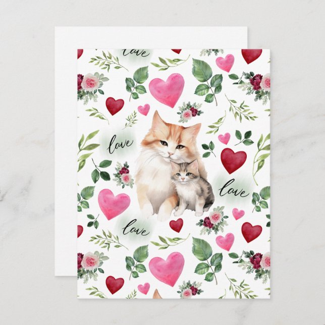 Cartão De Notas Cat Love Valentine’s Day Card in White (Frente/Verso)