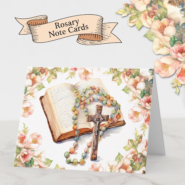 Cartão De Notas Católica Rosária Bíblia Floral Religiosa (Beautiful elegant Catholic Holy Rosary Note Cards )