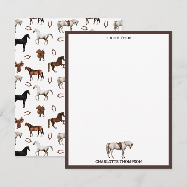 Cartão De Notas Cavalos Aquarela Ferradura Selas Para Crianças (Frente/Verso)