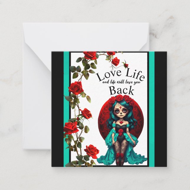 Cartão De Notas Caveiras de Açúcar com Rosas Azuis e Vermelhas (Frente)