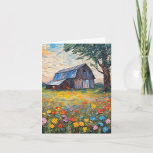 Cartão De Notas Celeiro No Campo De Flor Selvagem