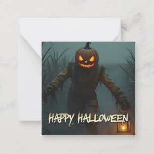 Cartão De Notas Cena de Halloween com Cabeça de Abóbora Assustador