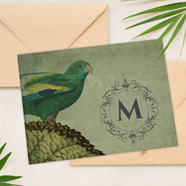 Cartão De Notas Cenário Monograma Personalizado (Vintage Monogrammed Parrot Note Card)