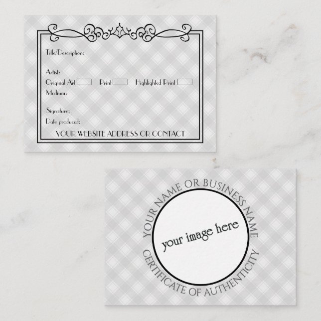 Cartão De Notas Certificado de Autenticidade COA de Vazio dos arti (Frente/Verso)