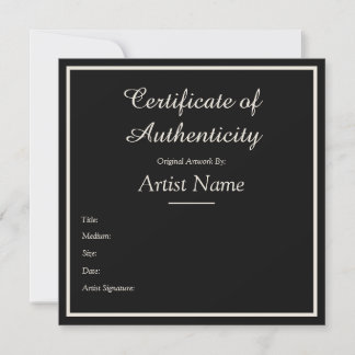 Cartão De Notas Certificado de Autenticidade Preto Personalizável