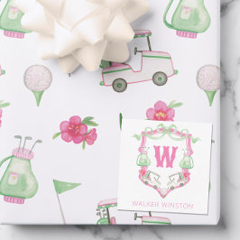 Cartão De Notas Cesto do Monograma do Carrinho de Golfe Rosa e Ver